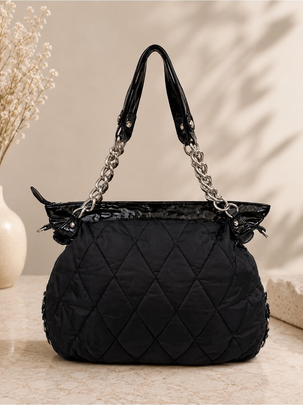 Sondra Roberts Black Quilted Hobo Shoulder Tote Bag Silver Chain Patent Leather
